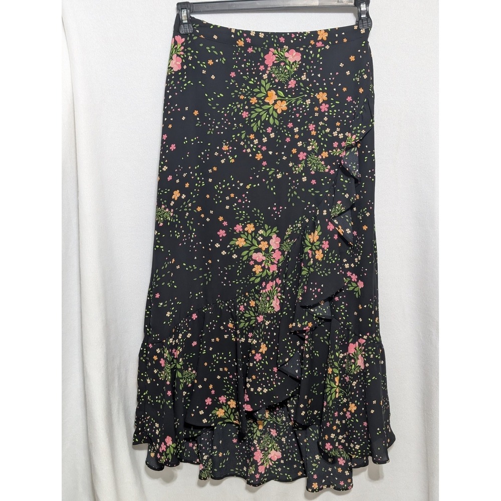 Investments Womens Black Floral Ruffle High Low Midi Skirt Size S Side Zip